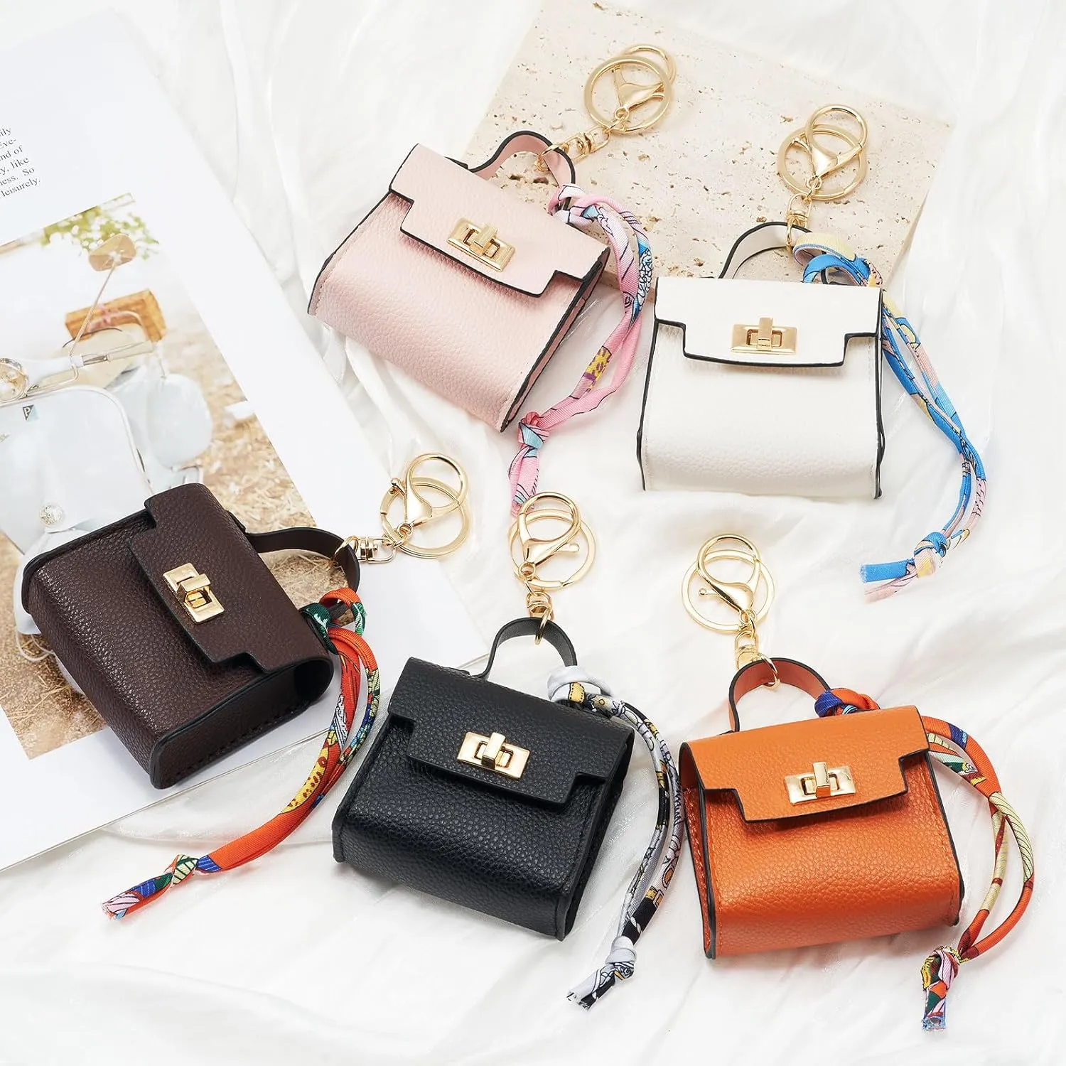 WOZEAH Mini Backpack Keychain for Women,Small Change Pouch Coin Purse Twist-lock with Key Headset Bag（Brown）