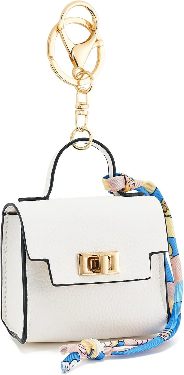 WOZEAH Mini Backpack Keychain for Women,Small Change Pouch Coin Purse Twist-lock with Key Headset Bag（White）