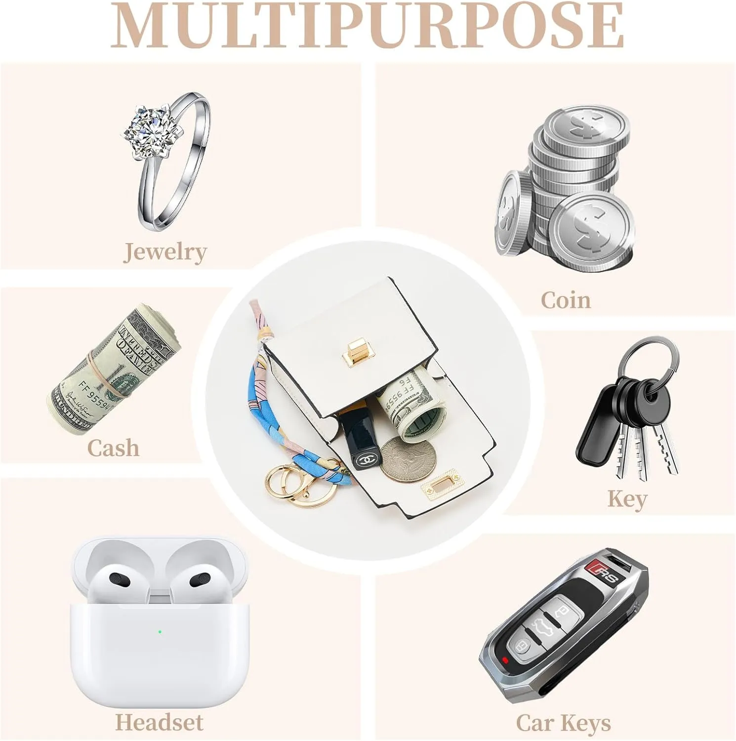 WOZEAH Mini Backpack Keychain for Women,Small Change Pouch Coin Purse Twist-lock with Key Headset Bag（White）