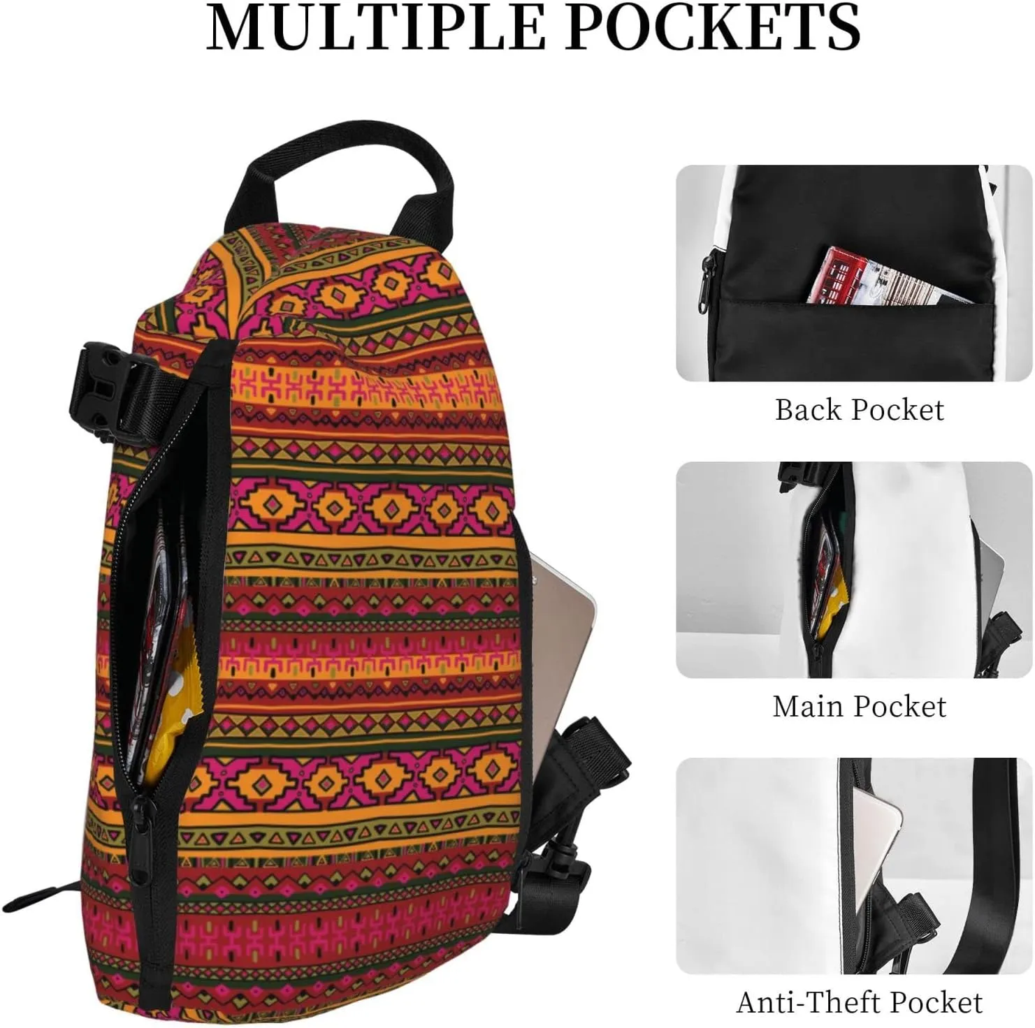 Wurton Mexican Folk Art Boho Print Travel Crossbody Backpack Bag,Lightweight Sling Bag For Travel Unisex