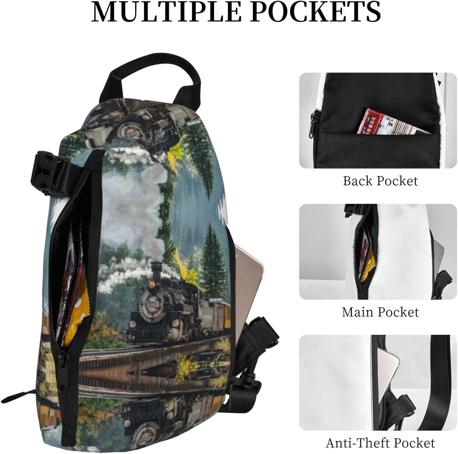 Wurton Steam Train Print Travel Crossbody Backpack Bag,Lightweight Sling Bag For Travel Unisex