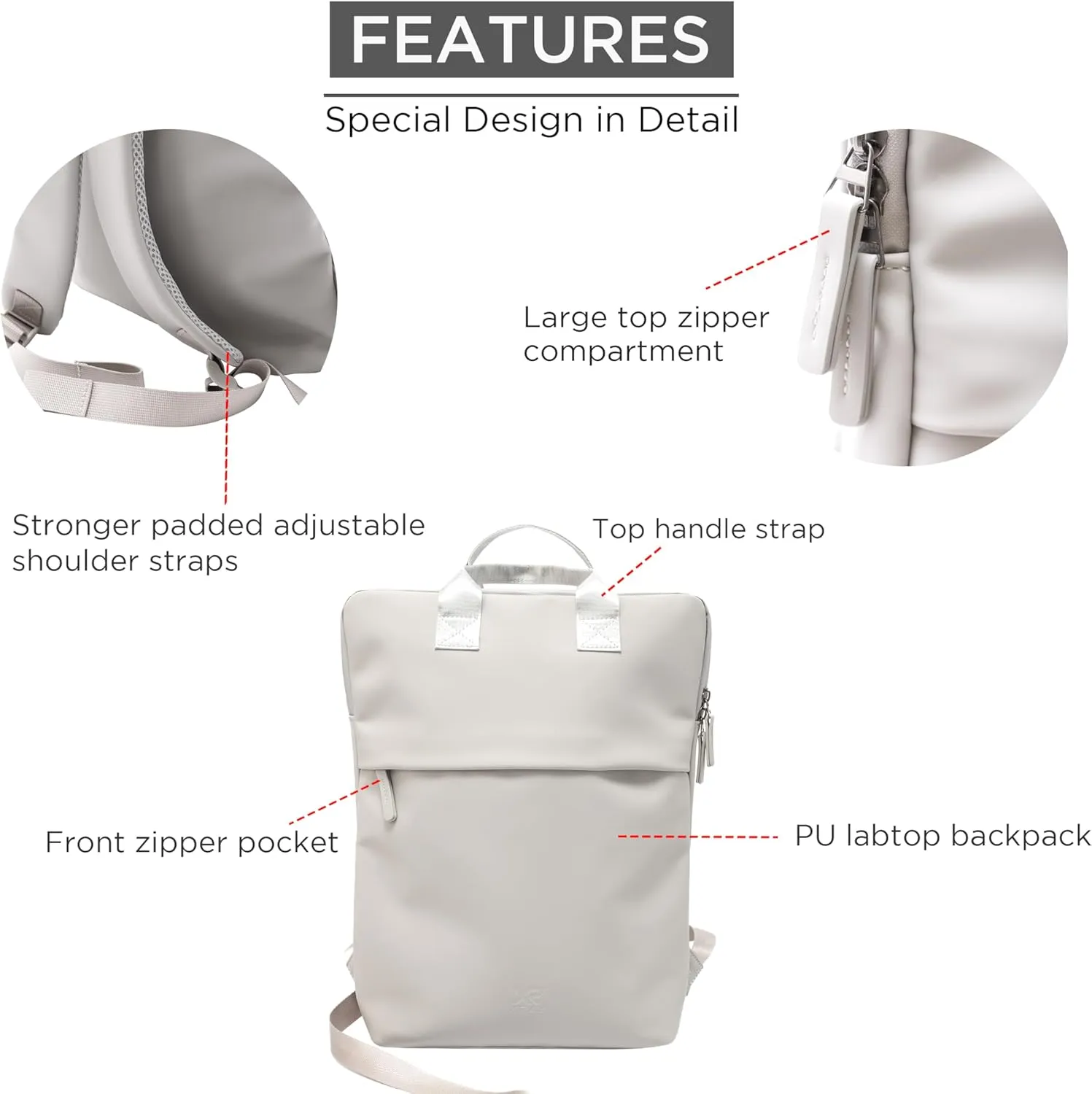 X RAY PU Leather Lightweight Laptop Backpack for Men and Women, Everyday Laptop Bag Capacity Adjustable 17L & Fits 15.6 Inch Screen, Light Grey