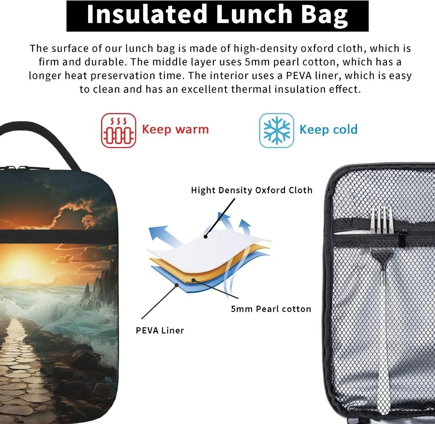 Xzeit Divided Sea Pathway Lunch Bag Insulated Lunch box for Women Men Reusable Lunch Tote Cooler Bag for Office Work