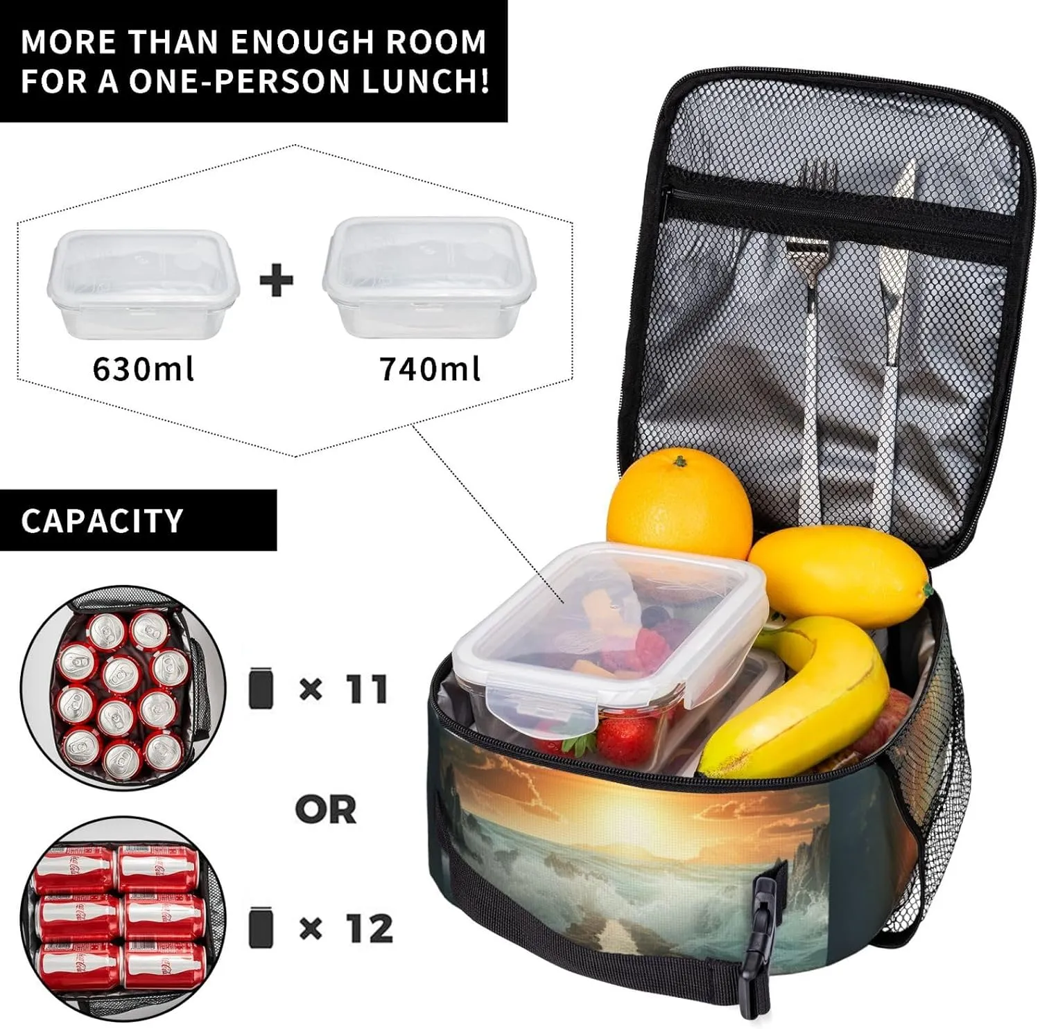 Xzeit Divided Sea Pathway Lunch Bag Insulated Lunch box for Women Men Reusable Lunch Tote Cooler Bag for Office Work