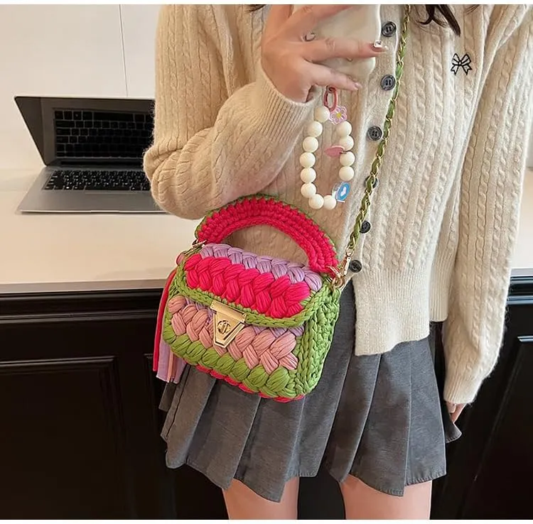 y2k Crossbody Bags for Women, Aesthetic Grunge Shoulder Bag Demure Emo Women Ladies Sling Purse Straw Chic Handbag (Rainbow green)