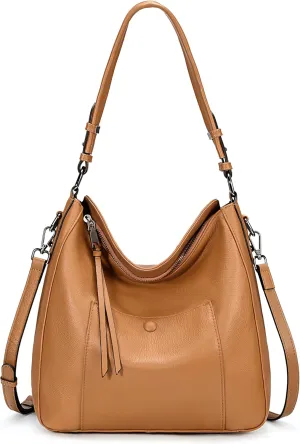 YALUXE Women's Genuine Leather Shoulder Bags Medium Size Handbags Purses with Front Magnetic Pocket, Detachable Dual Straps
