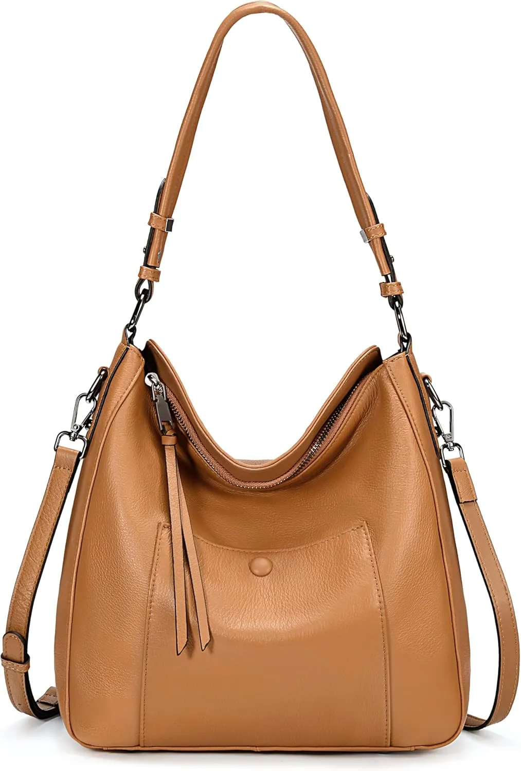 YALUXE Women's Genuine Leather Shoulder Bags Medium Size Handbags Purses with Front Magnetic Pocket, Detachable Dual Straps