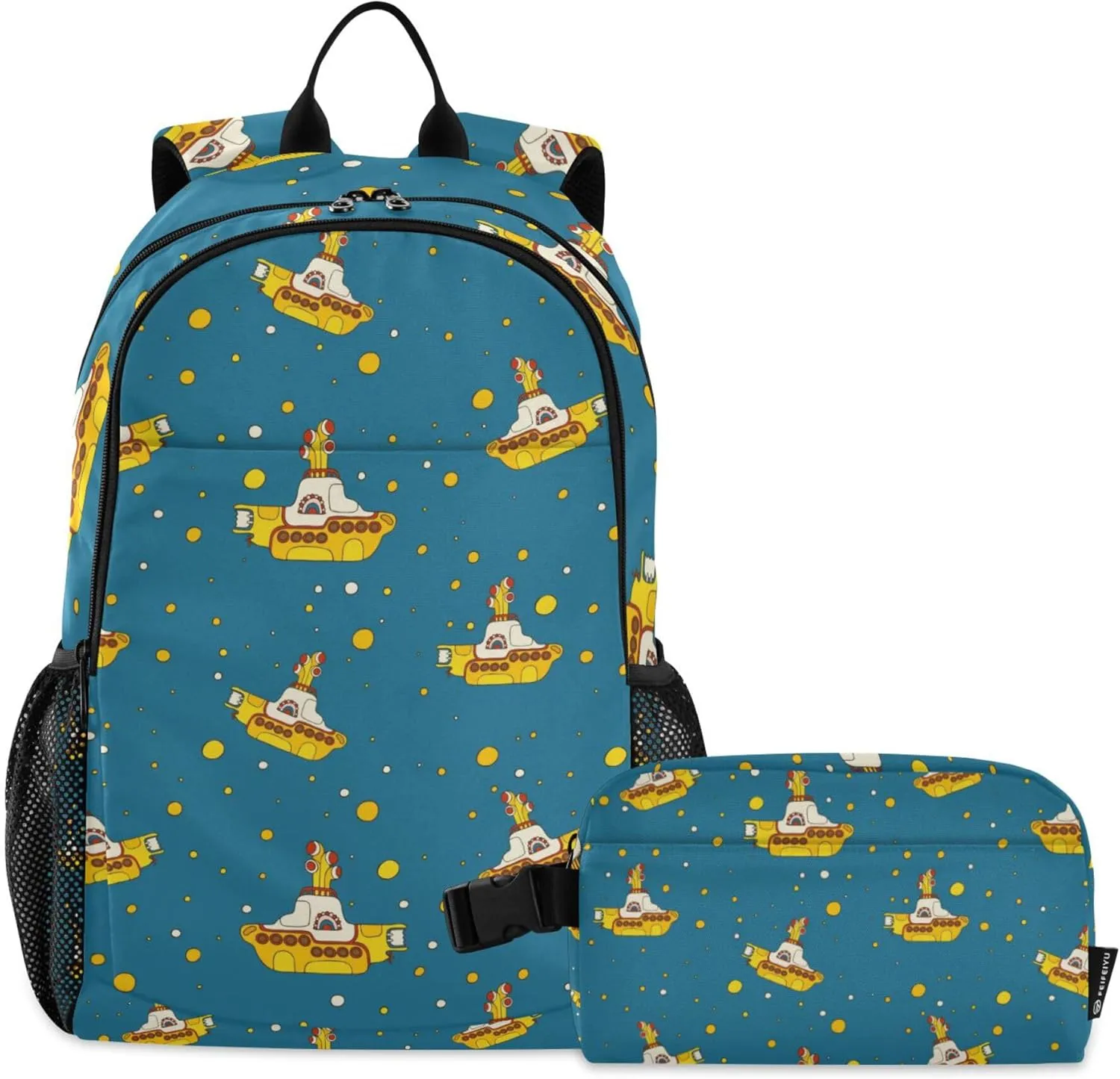 Yellow Submarine Backpack with Lunch Bag, School Travel Backpack for Teens Boys Girls Kids Backpacks Set
