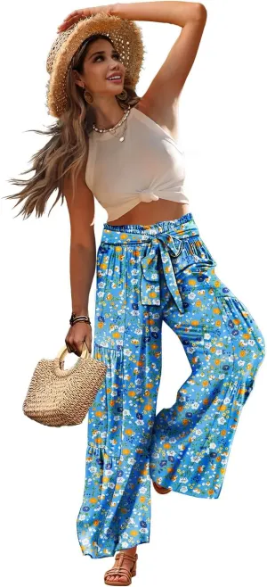 YESNO Wide Leg Pants for Women Elastic High Waisted Floral Boho Flowy Palazzo Pants Casual Tie Knot Long Trousers PP1