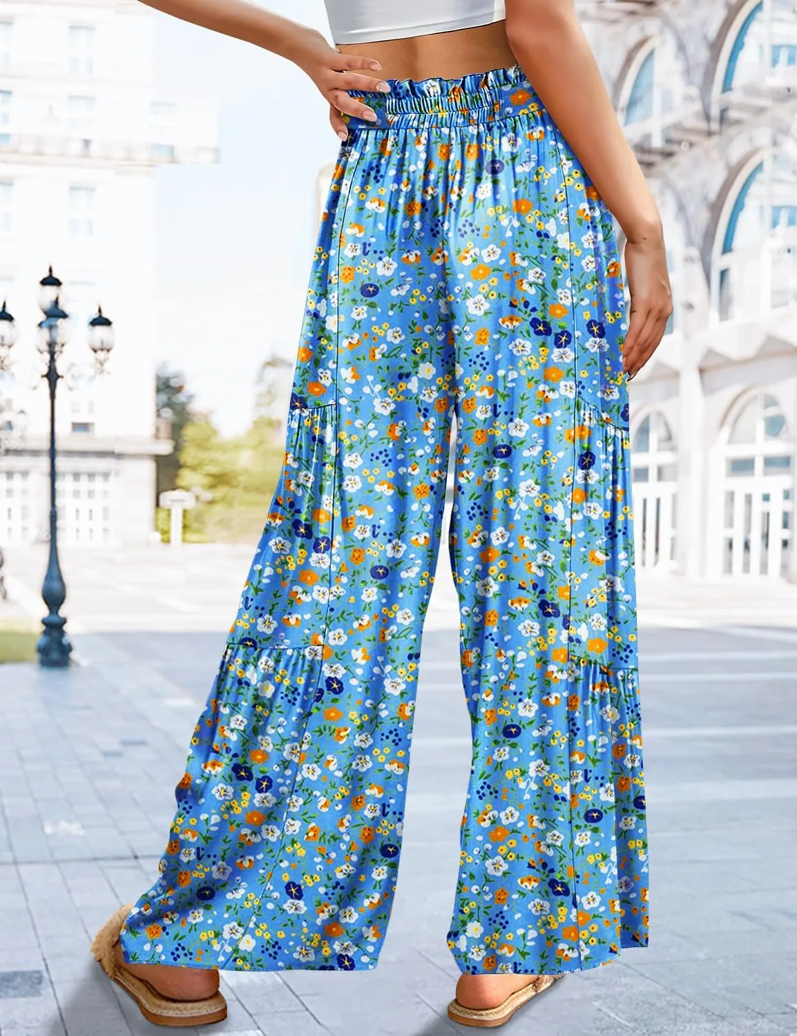 YESNO Wide Leg Pants for Women Elastic High Waisted Floral Boho Flowy Palazzo Pants Casual Tie Knot Long Trousers PP1