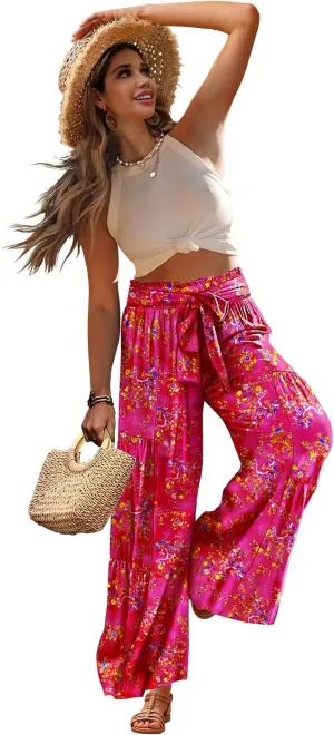 YESNO Wide Leg Pants for Women Elastic High Waisted Floral Boho Flowy Palazzo Pants Casual Tie Knot Long Trousers PP1