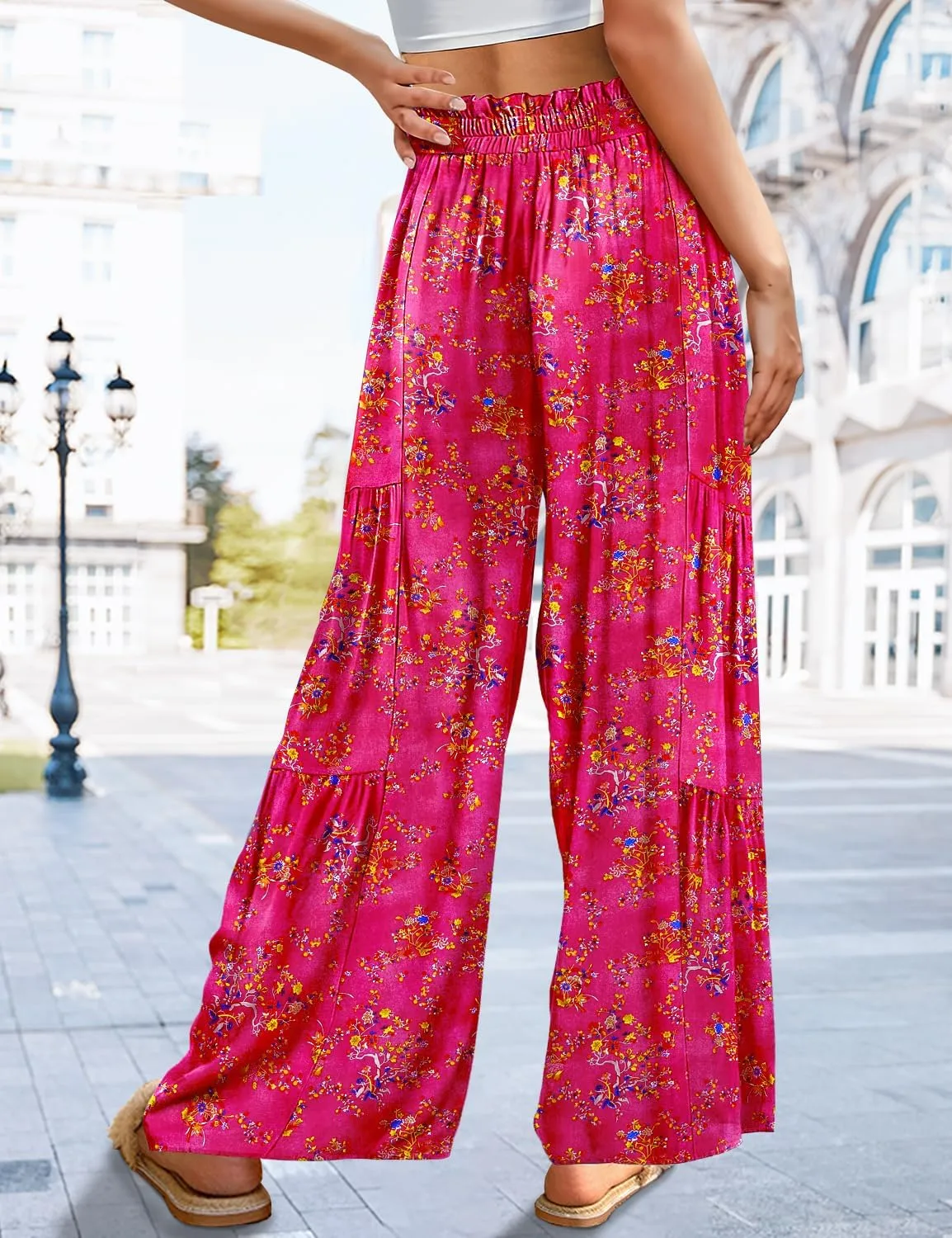 YESNO Wide Leg Pants for Women Elastic High Waisted Floral Boho Flowy Palazzo Pants Casual Tie Knot Long Trousers PP1
