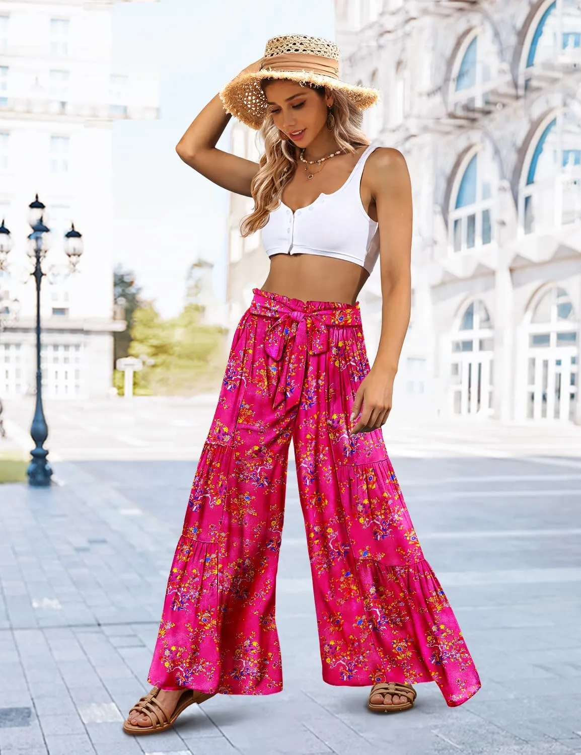 YESNO Wide Leg Pants for Women Elastic High Waisted Floral Boho Flowy Palazzo Pants Casual Tie Knot Long Trousers PP1