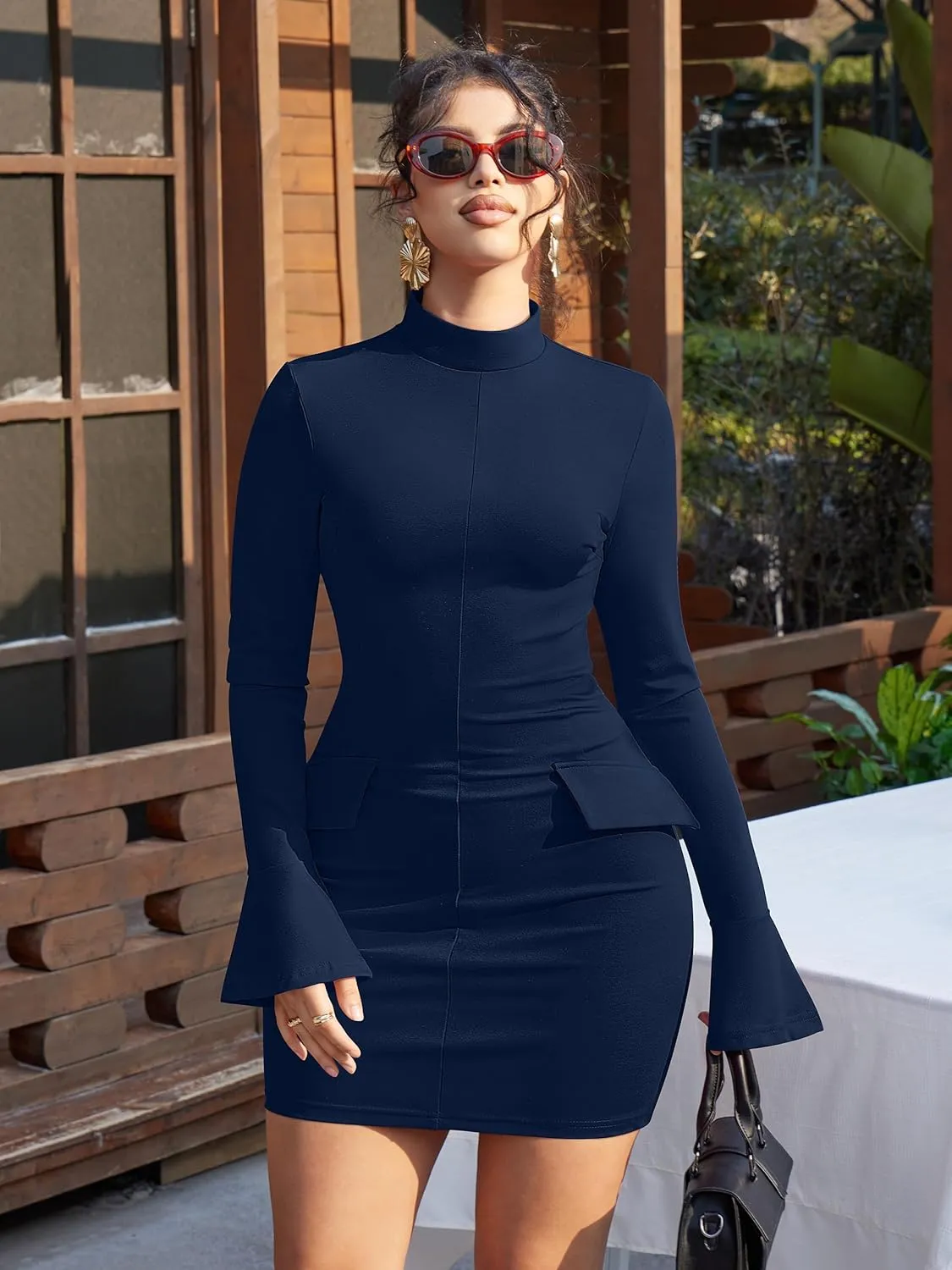 YMDUCH Women's Long Sleeve Mock Turtle Neck Bodycon Mini Tank Short Party Dress