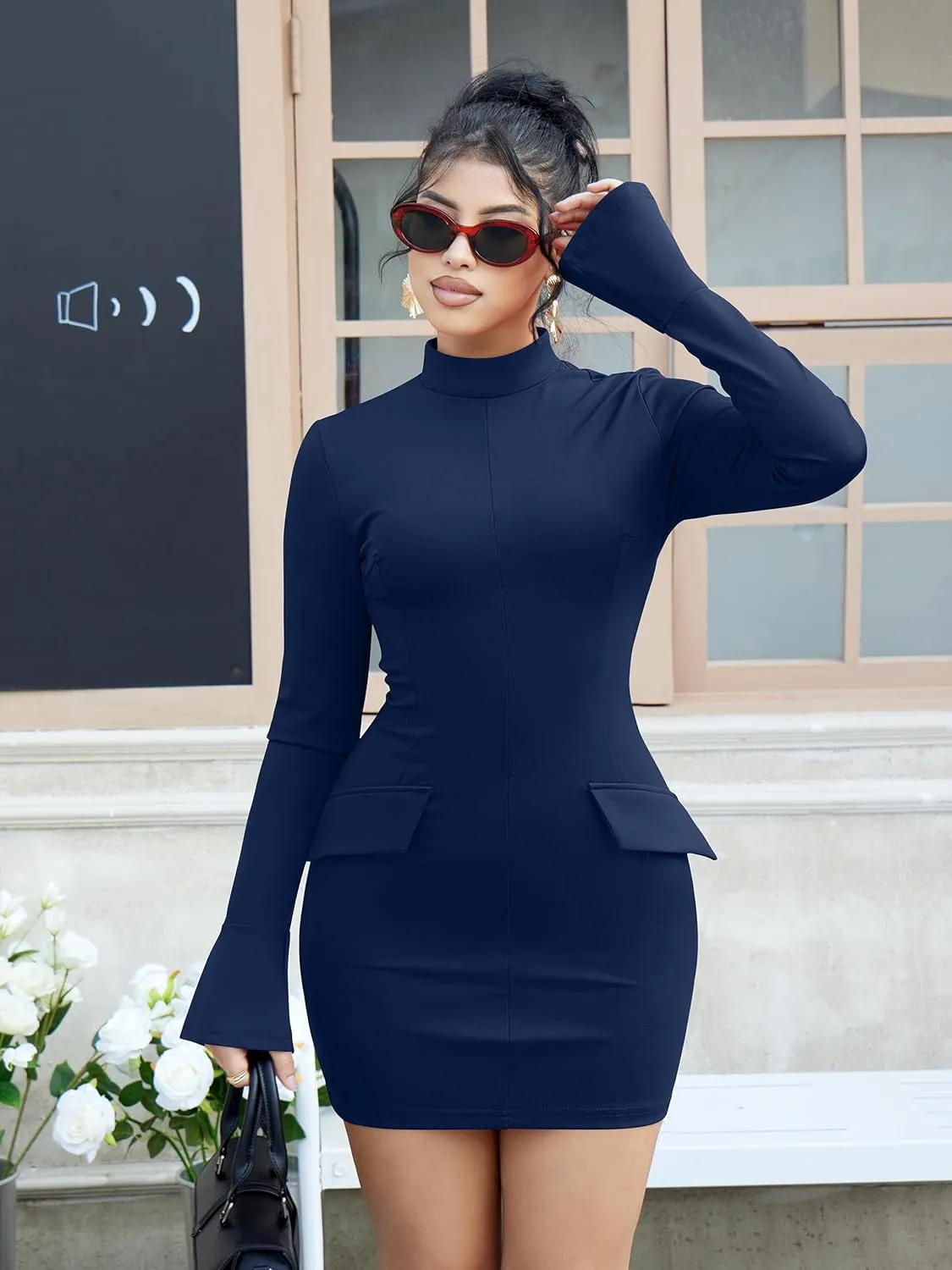 YMDUCH Women's Long Sleeve Mock Turtle Neck Bodycon Mini Tank Short Party Dress