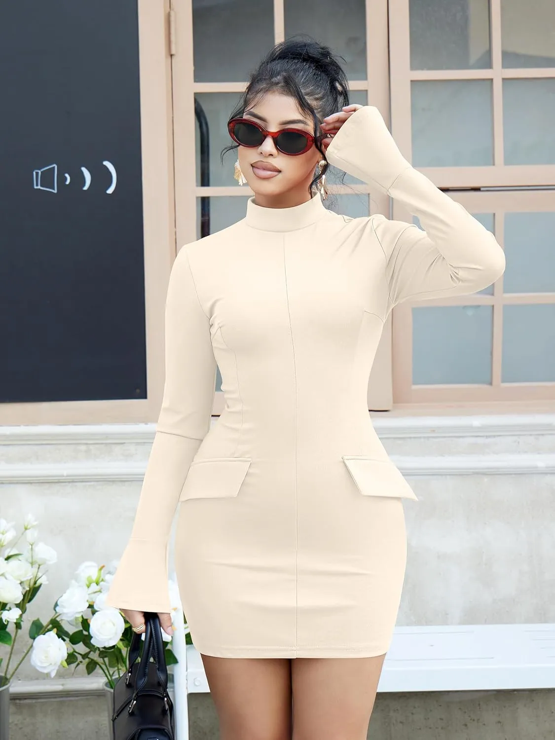 YMDUCH Women's Long Sleeve Mock Turtle Neck Bodycon Mini Tank Short Party Dress