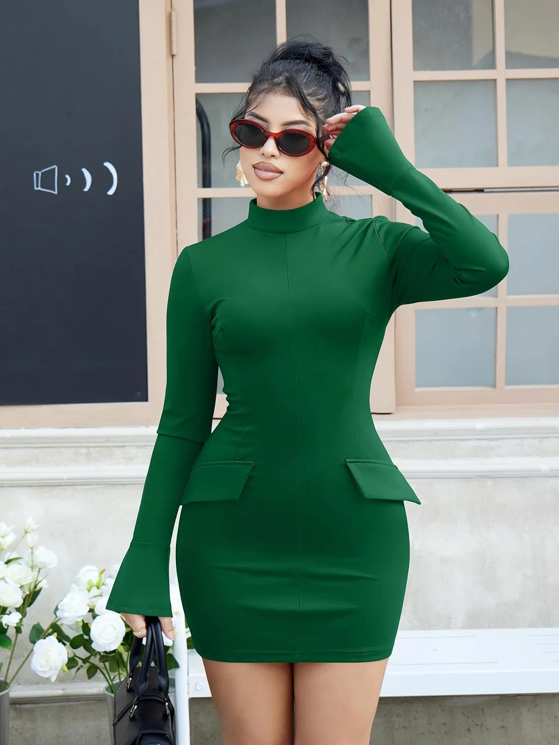 YMDUCH Women's Long Sleeve Mock Turtle Neck Bodycon Mini Tank Short Party Dress