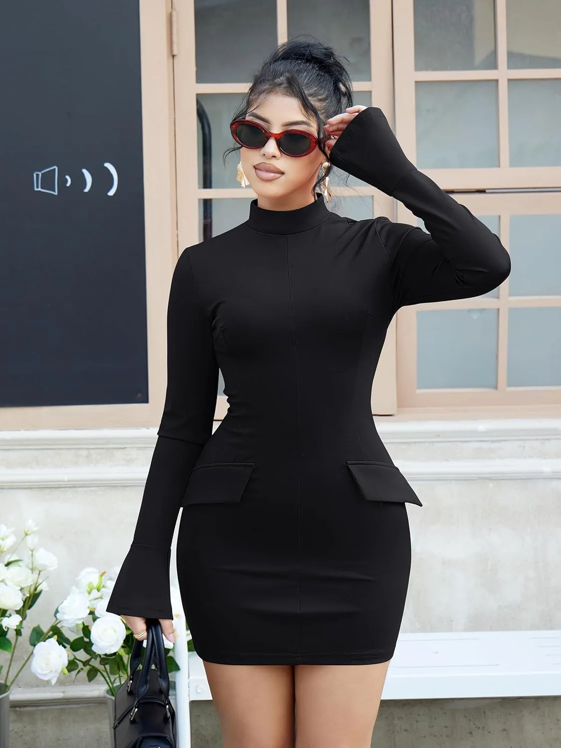 YMDUCH Women's Long Sleeve Mock Turtle Neck Bodycon Mini Tank Short Party Dress
