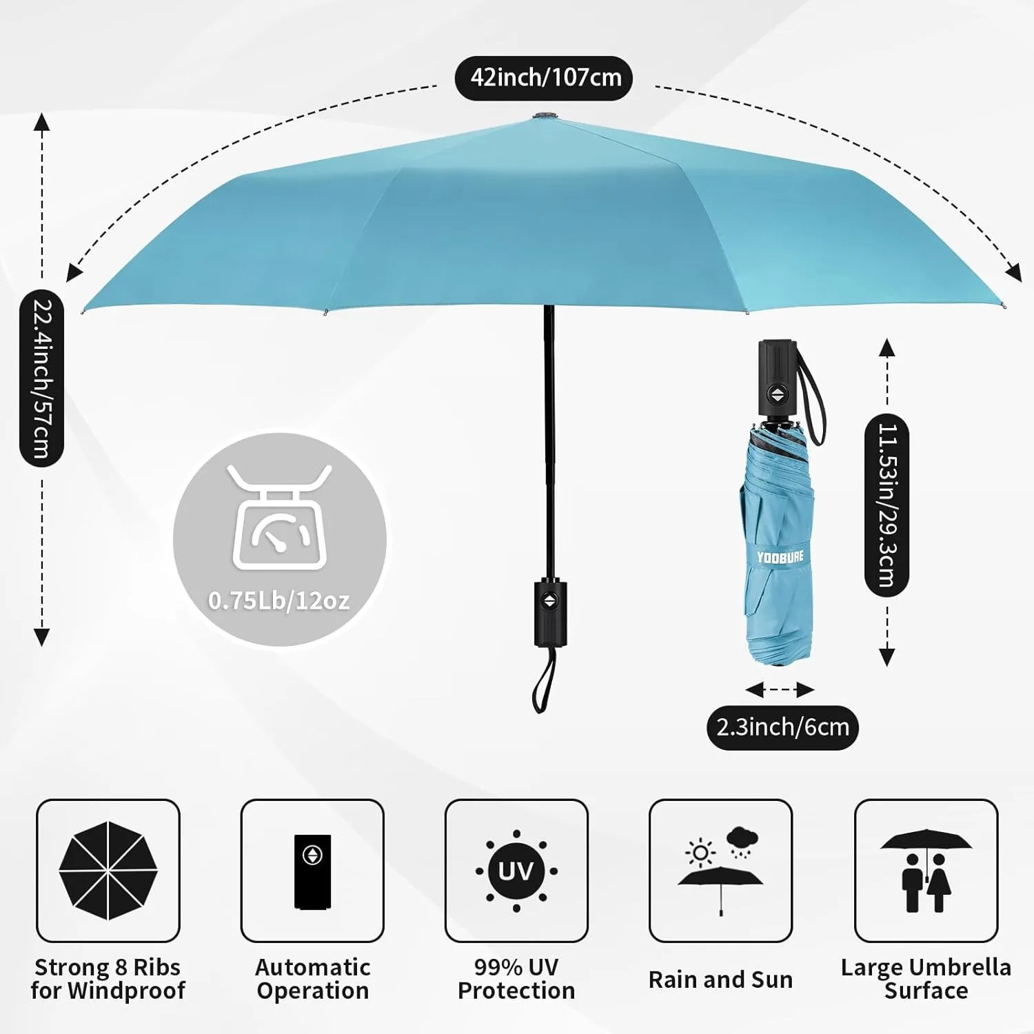 Yoobure Windproof Travel Umbrella, Automatic Umbrellas for Rain - Compact Folding Umbrella with UV Protection, Lightweight Portable Design for Backpack/Walking/Car, Sun & Storm Ready