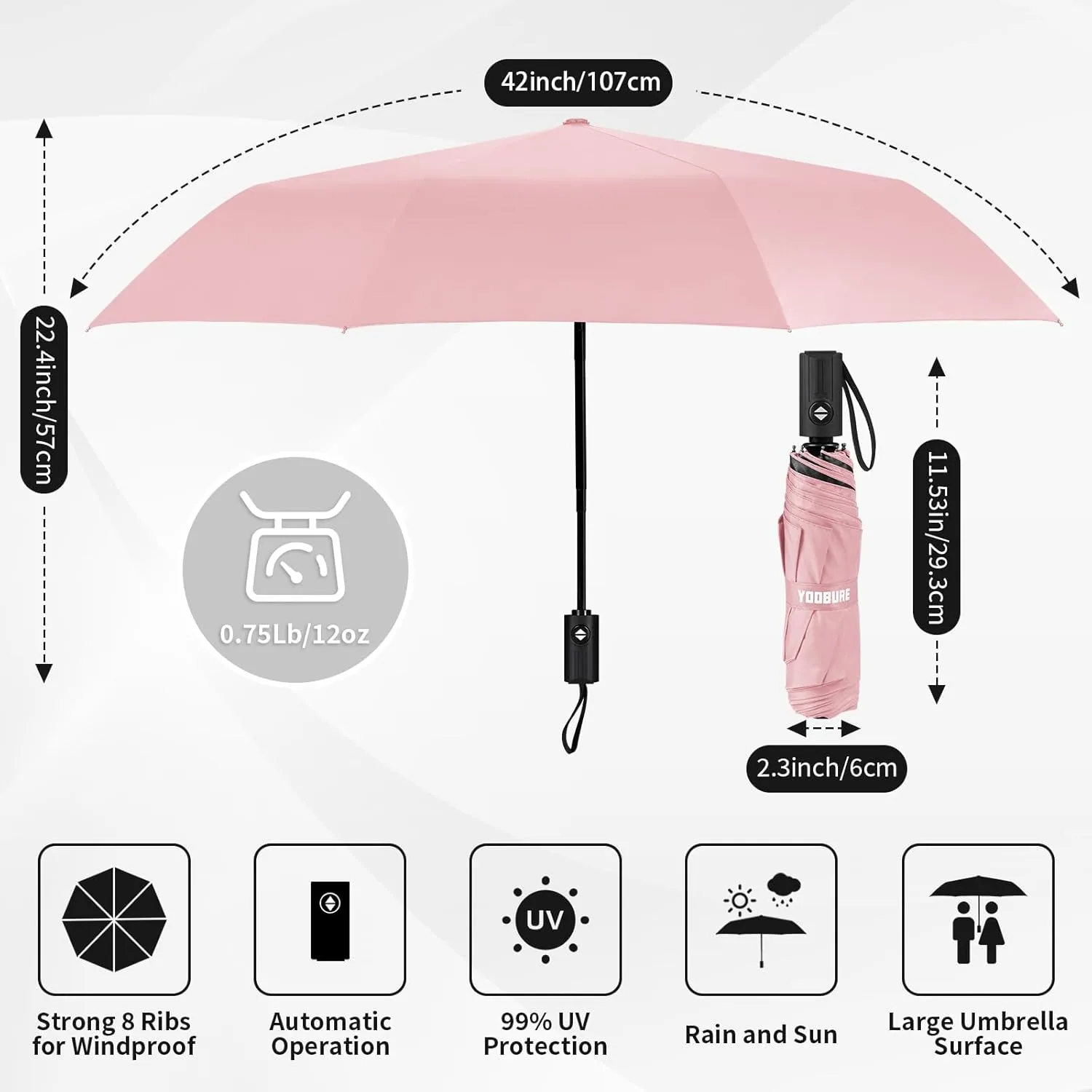 Yoobure Windproof Travel Umbrella, Automatic Umbrellas for Rain - Compact Folding Umbrella with UV Protection, Lightweight Portable Design for Backpack/Walking/Car, Sun & Storm Ready
