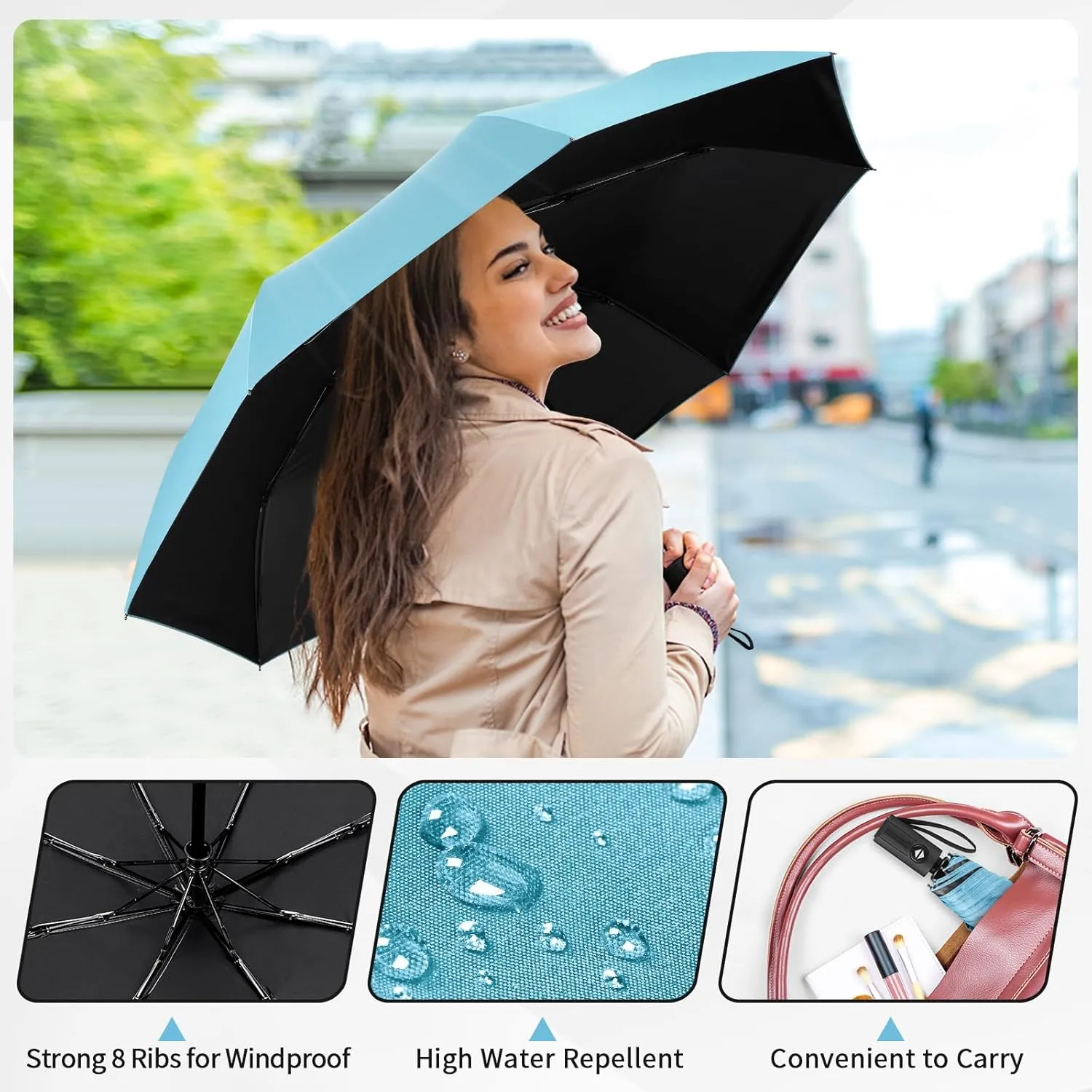 Yoobure Windproof Travel Umbrella, Automatic Umbrellas for Rain - Compact Folding Umbrella with UV Protection, Lightweight Portable Design for Backpack/Walking/Car, Sun & Storm Ready