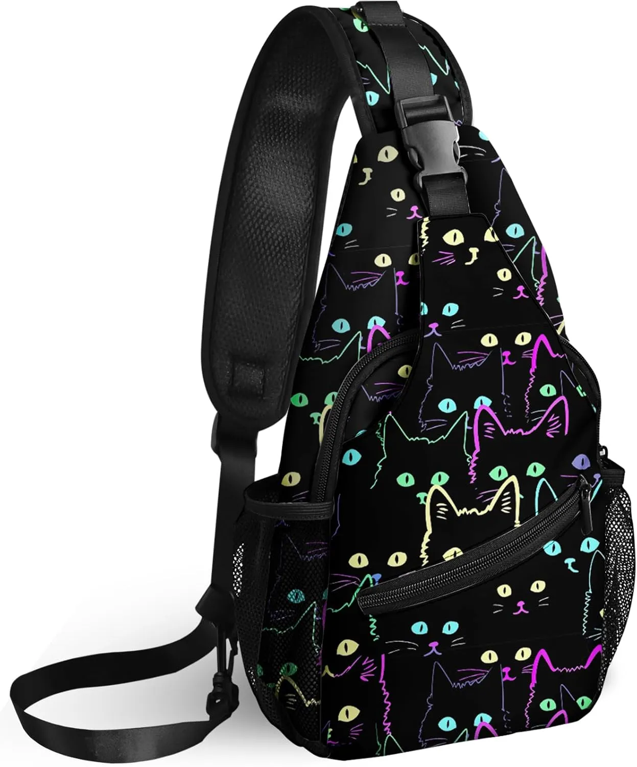 Yrebyou Colorful Cat Sling Bag Travel Crossbody Backpack Shoulder Daypack Hiking chest Pack for Women Lightweight Waterproof Adjustable Outdoor Workout