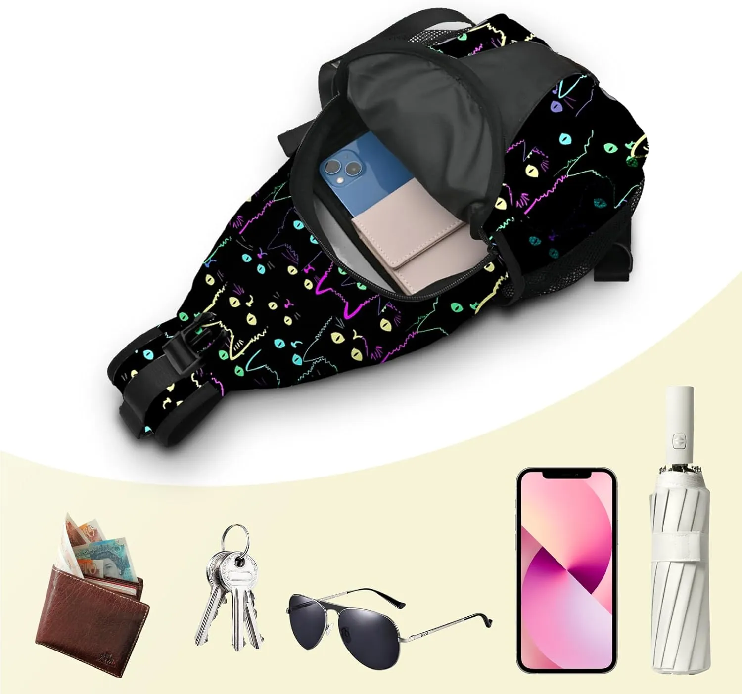 Yrebyou Colorful Cat Sling Bag Travel Crossbody Backpack Shoulder Daypack Hiking chest Pack for Women Lightweight Waterproof Adjustable Outdoor Workout