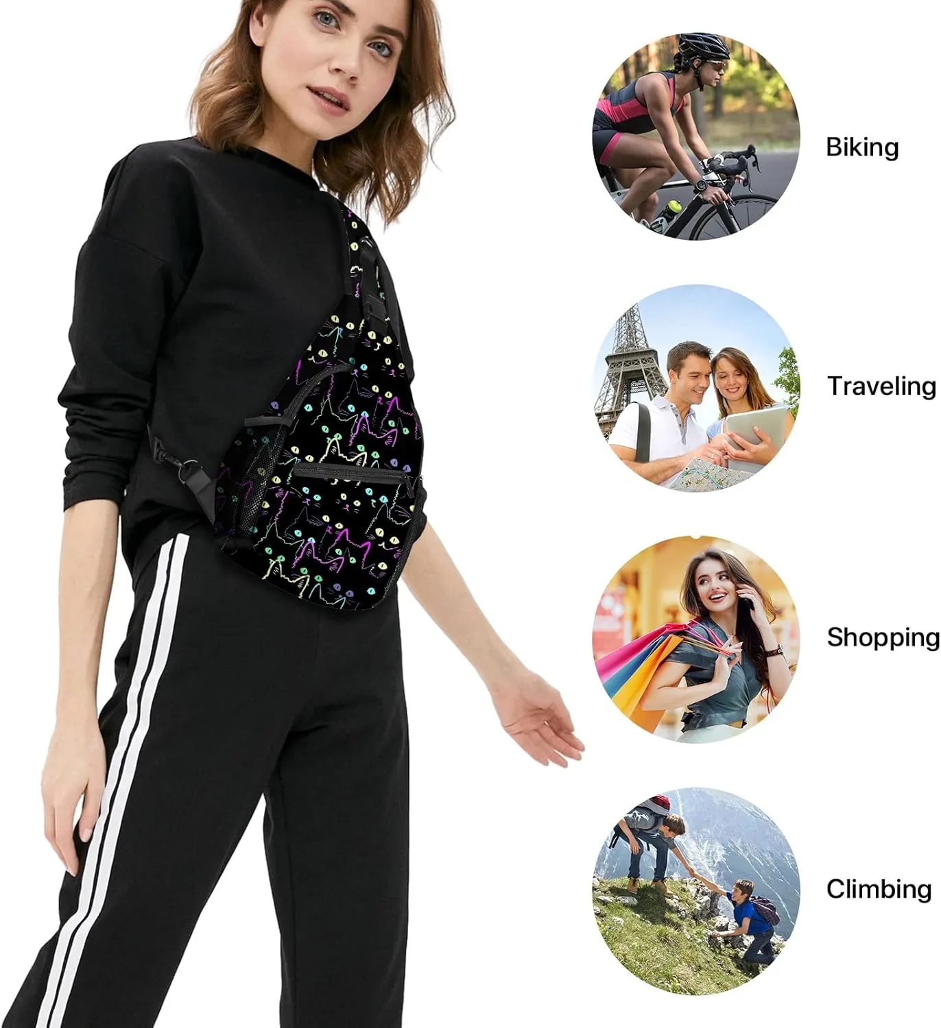 Yrebyou Colorful Cat Sling Bag Travel Crossbody Backpack Shoulder Daypack Hiking chest Pack for Women Lightweight Waterproof Adjustable Outdoor Workout