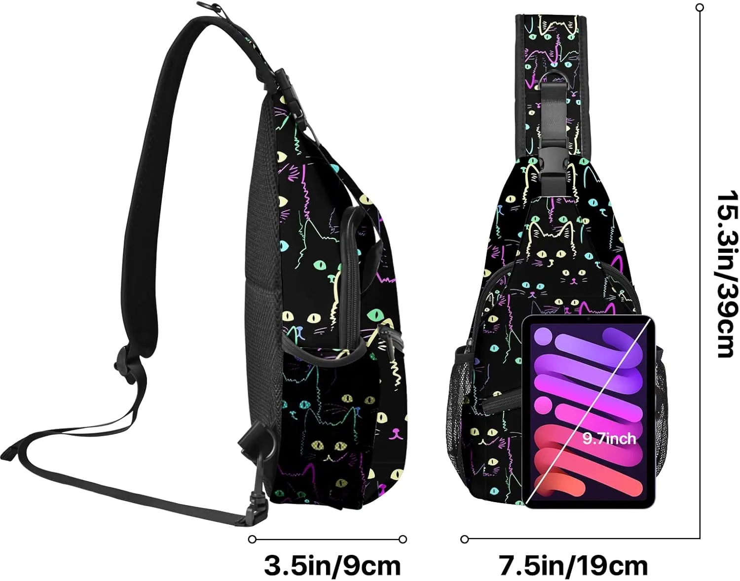 Yrebyou Colorful Cat Sling Bag Travel Crossbody Backpack Shoulder Daypack Hiking chest Pack for Women Lightweight Waterproof Adjustable Outdoor Workout