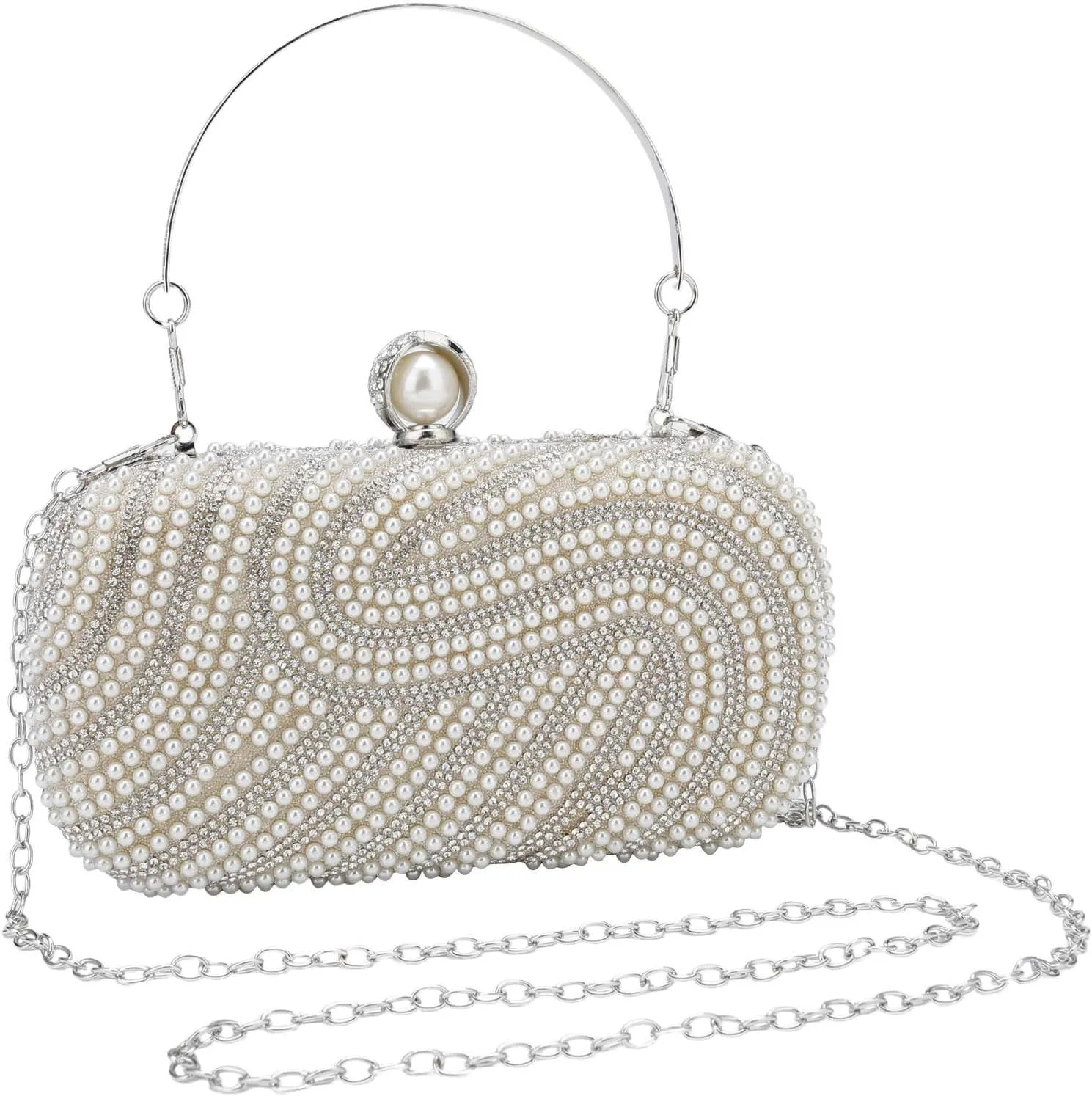 YYW Womens Pearl Clutch Purse Evening Handbags Beaded Bag for Wedding Bride Party with Chain