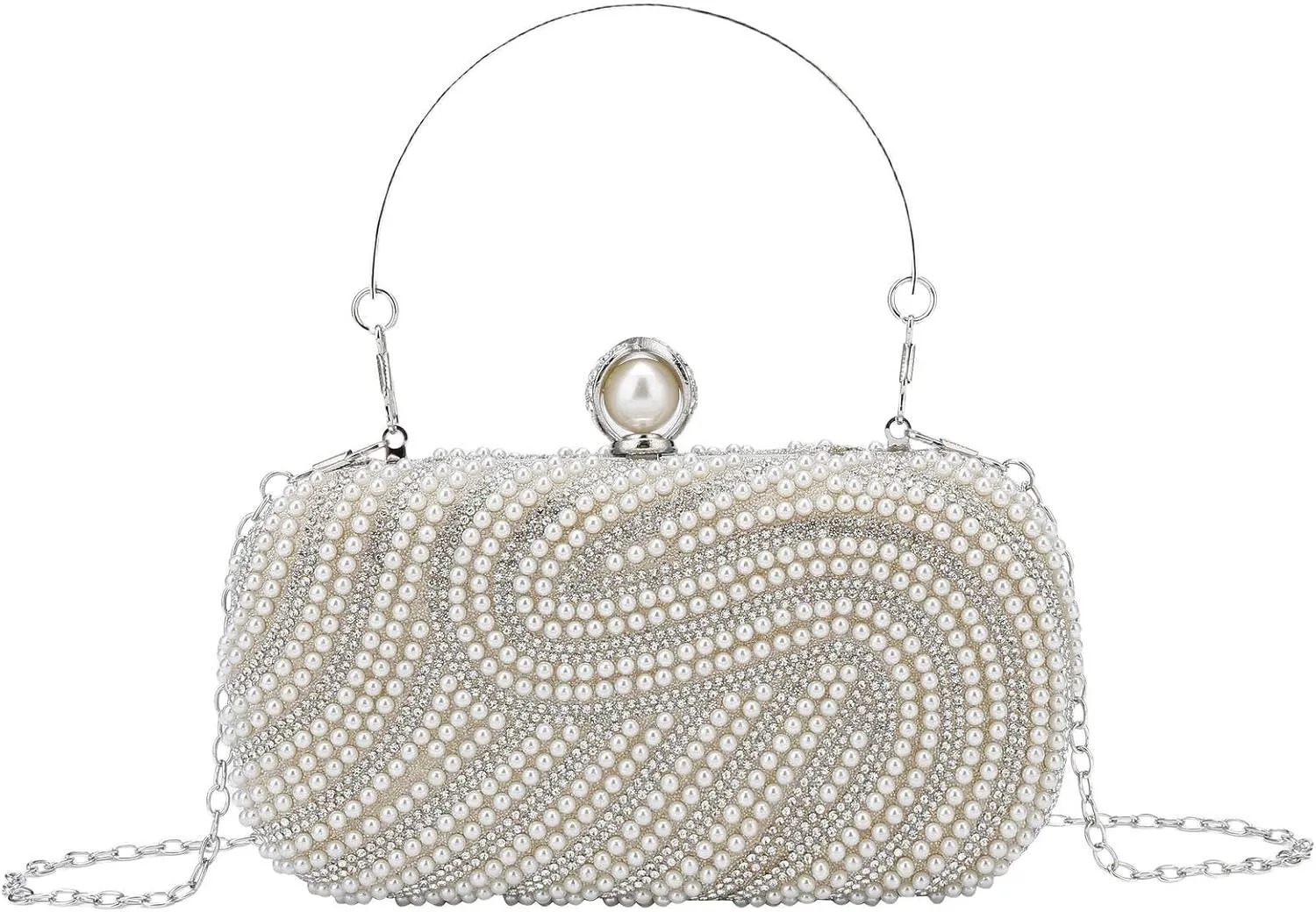 YYW Womens Pearl Clutch Purse Evening Handbags Beaded Bag for Wedding Bride Party with Chain