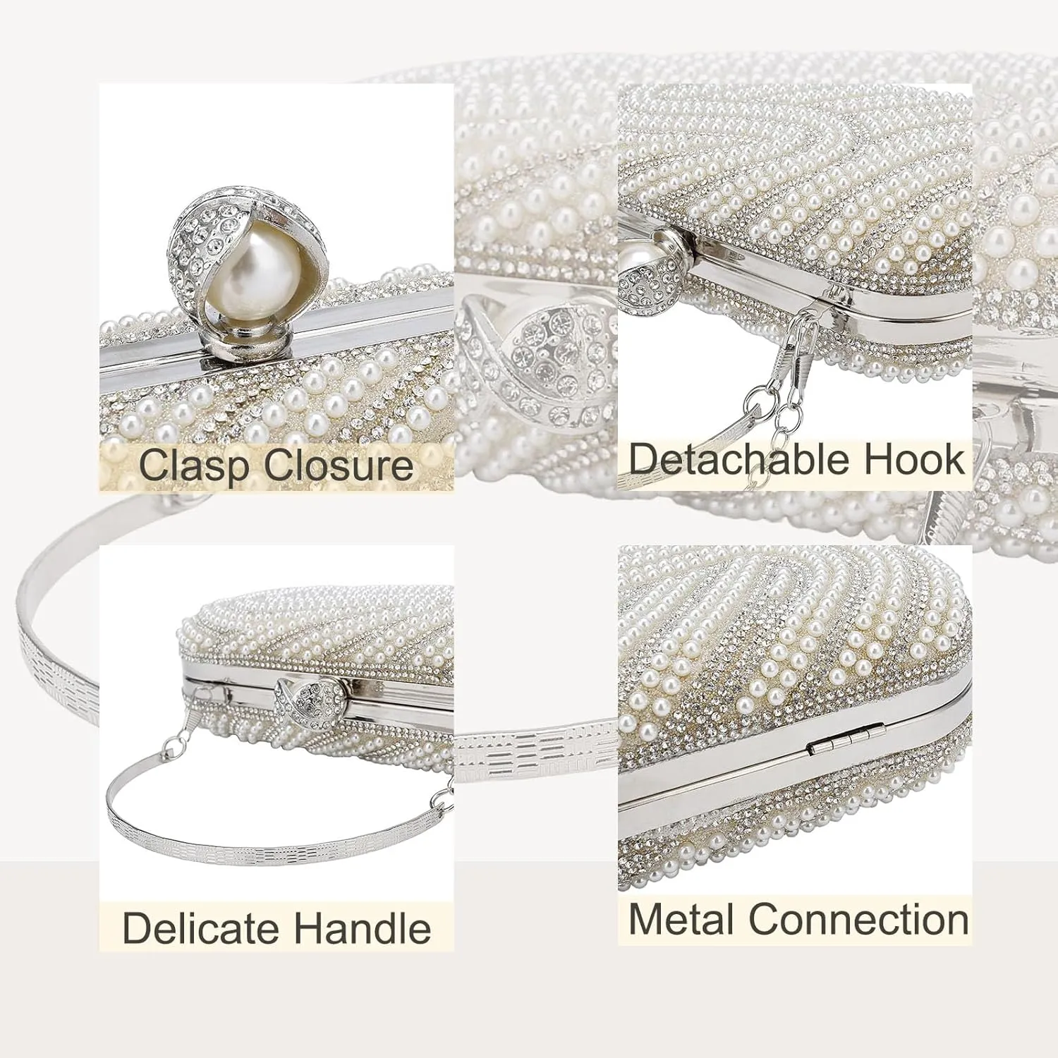 YYW Womens Pearl Clutch Purse Evening Handbags Beaded Bag for Wedding Bride Party with Chain