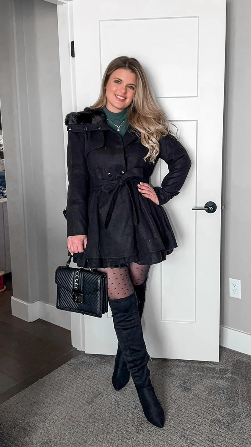 Zeagoo Women's Fashion Faux Fur Lapel Double-Breasted Thick Wool Trench Coat Winter Warm Jacket S-2XL