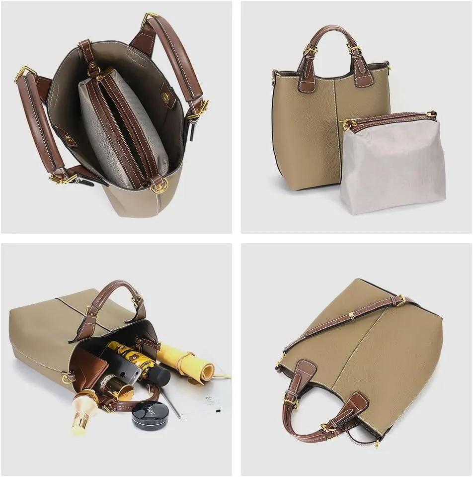zency Leather Bucket Tote Bag For Women Medium Hobo Shoulder Handbags And Purse