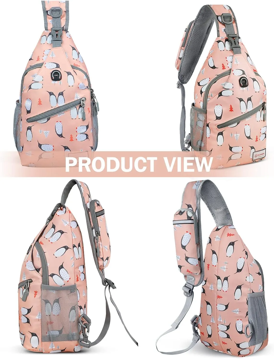 ZOMAKE Sling Bag, Penguin Pink, Nylon, 5 Separate Compartments, 10" iPad Compartment, Anti-Theft, Adjustable Reversible Shoulder Strap, Water Resistant