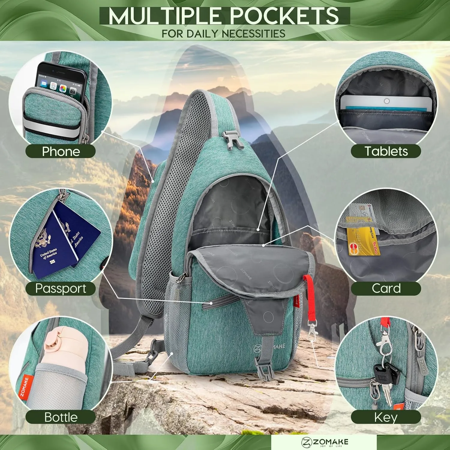 ZOMAKE Small Sling Bag, Travel Sling Backpack, Waterproof Hiking Cycling Crossbody pack for Men Women(Army Green)