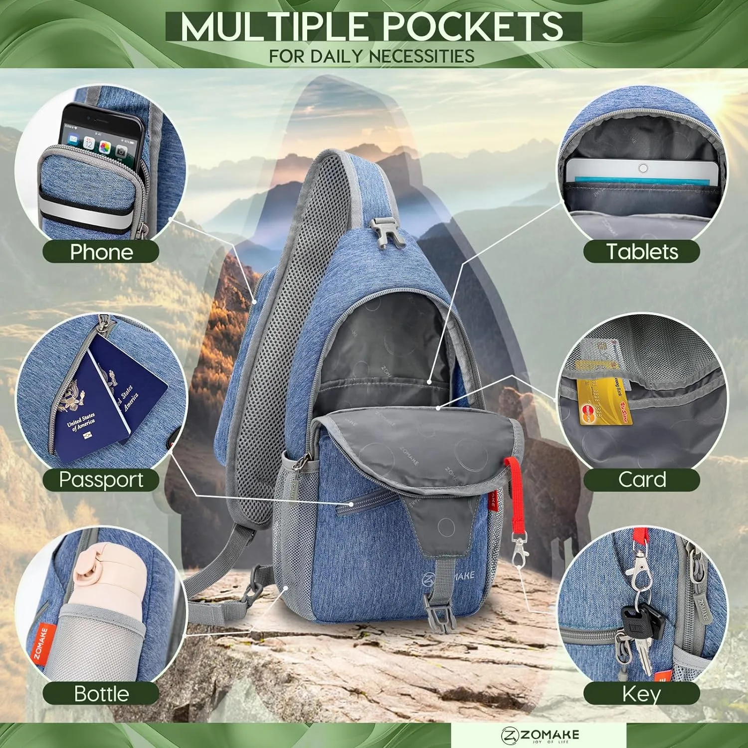 ZOMAKE Small Sling Bag, Travel Sling Backpack, Waterproof Hiking Cycling Crossbody pack for Men Women(Navy Blue)
