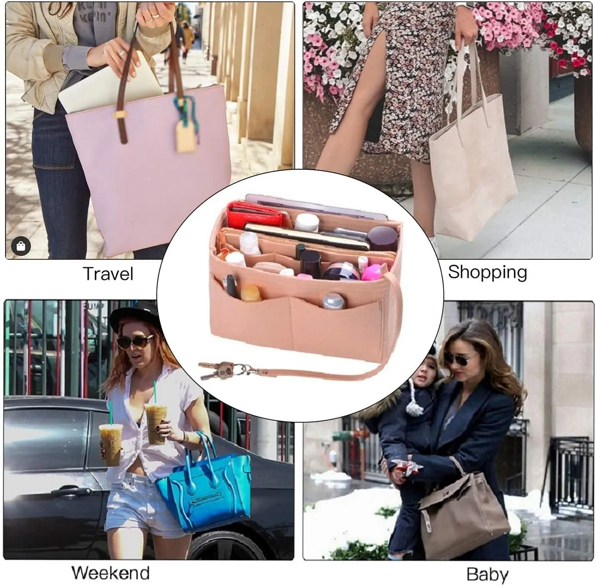 ZTUJO Purse Organizer Insert, Felt Bag Organizer with Metal Zipper, Handbag & Tote Shaper, For Speedy Neverfull Tote, 7 Sizes