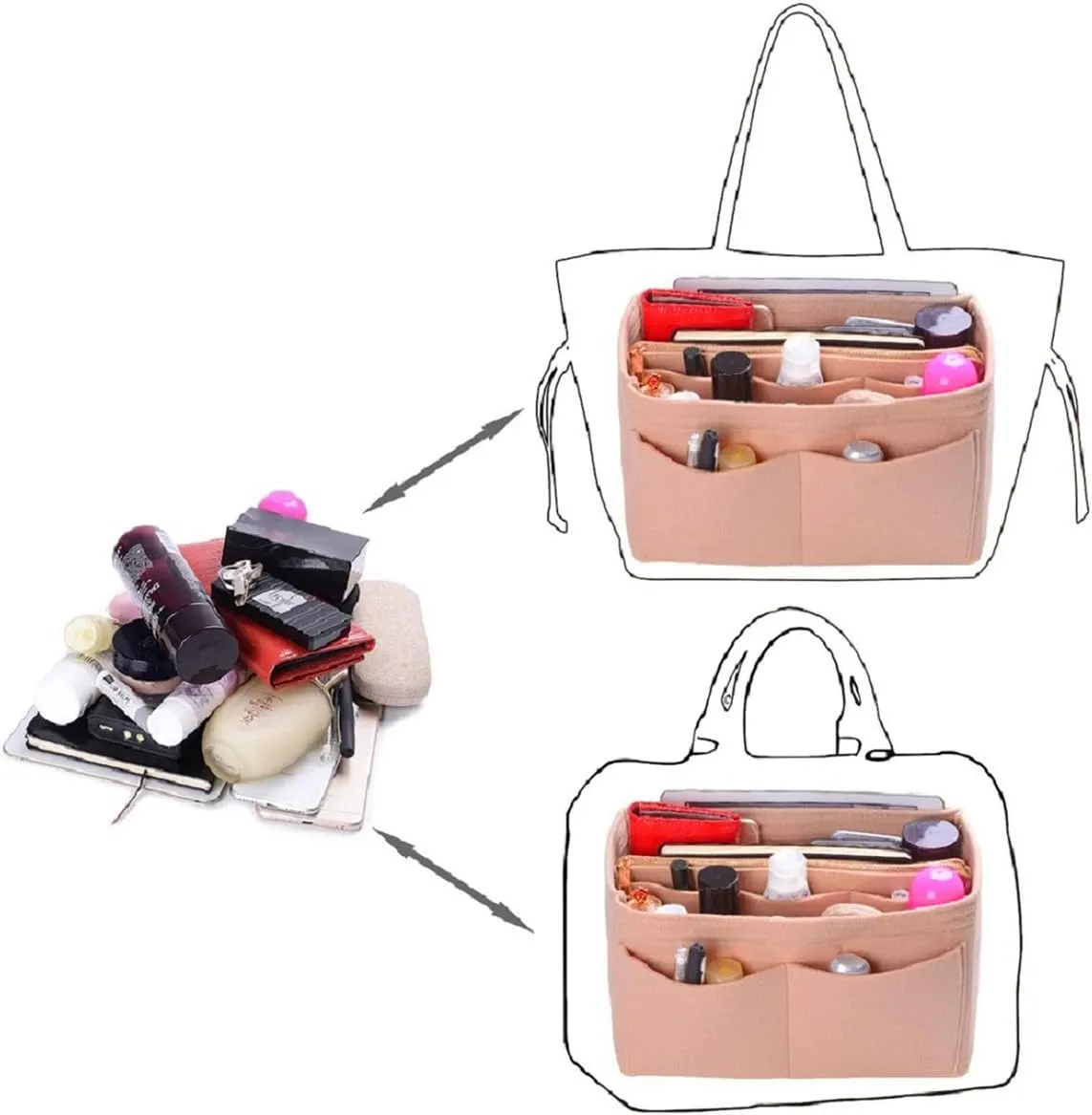 ZTUJO Purse Organizer Insert, Felt Bag Organizer with Metal Zipper, Handbag & Tote Shaper, For Speedy Neverfull Tote, 7 Sizes