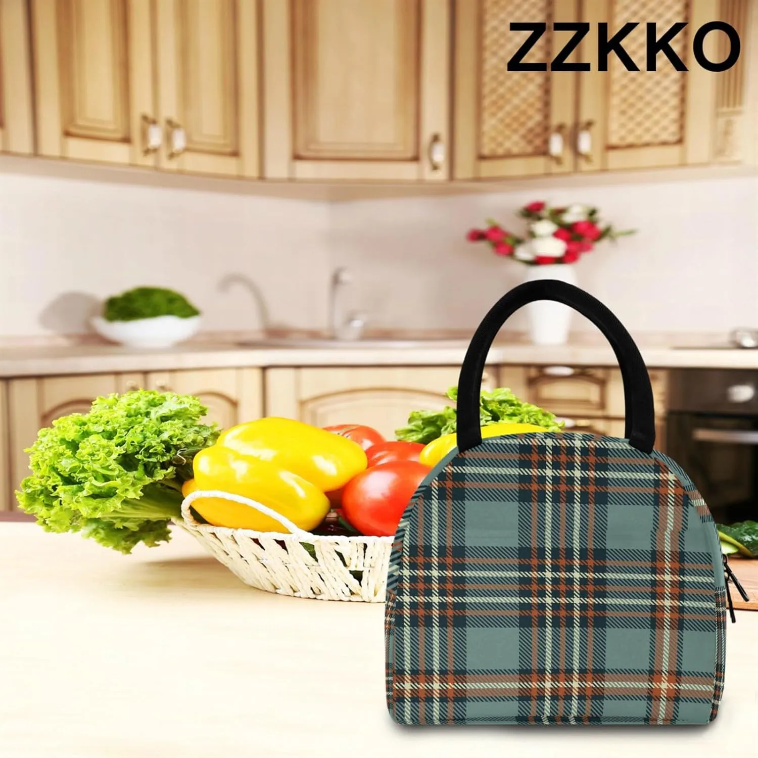 ZZKKO Plaid Tartan Lunch Bag Box Tote Organizer Lunch Container Insulated Zipper Meal Prep Cooler Handbag For Women Men Home School Office Outdoor Use