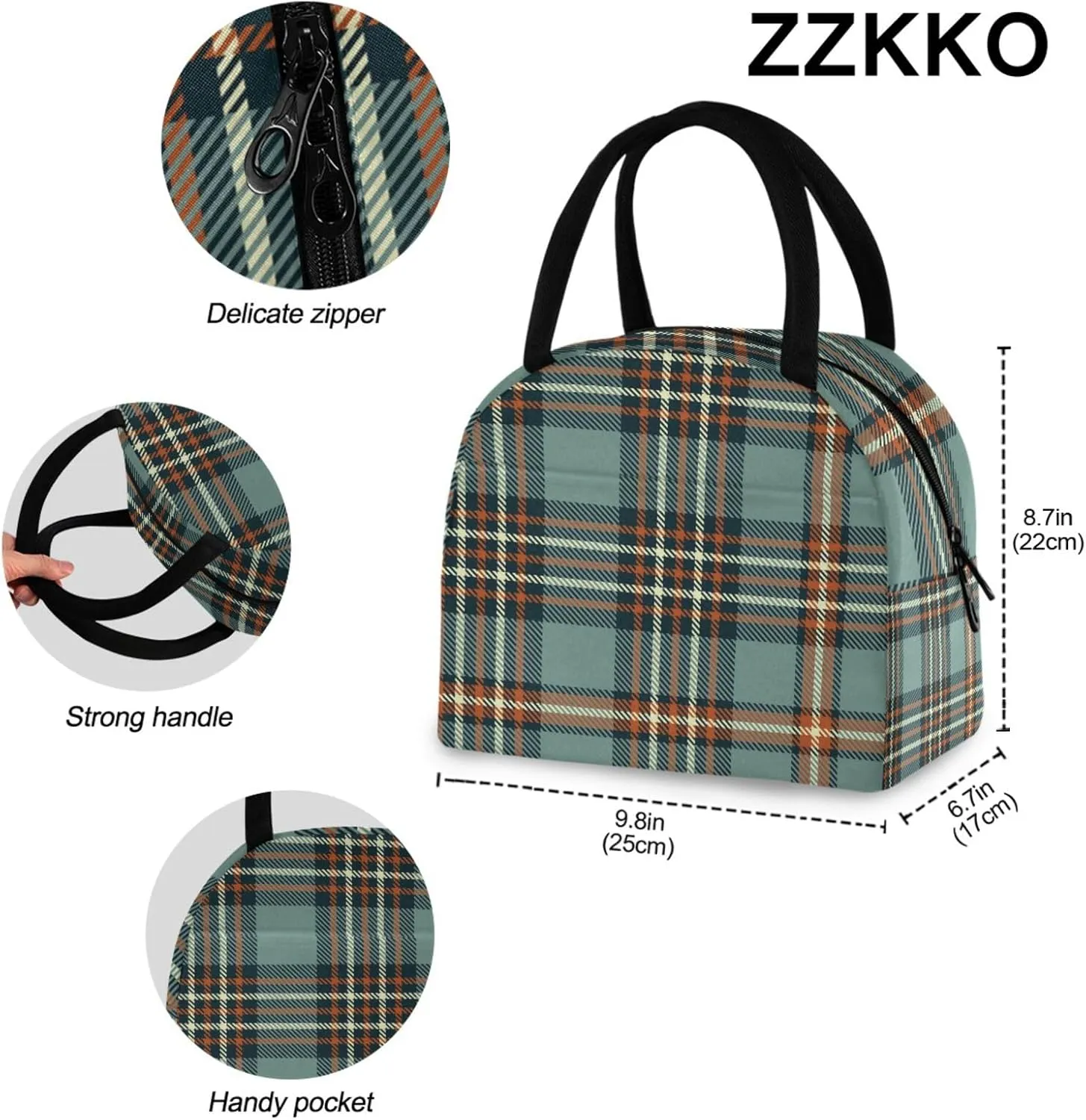 ZZKKO Plaid Tartan Lunch Bag Box Tote Organizer Lunch Container Insulated Zipper Meal Prep Cooler Handbag For Women Men Home School Office Outdoor Use