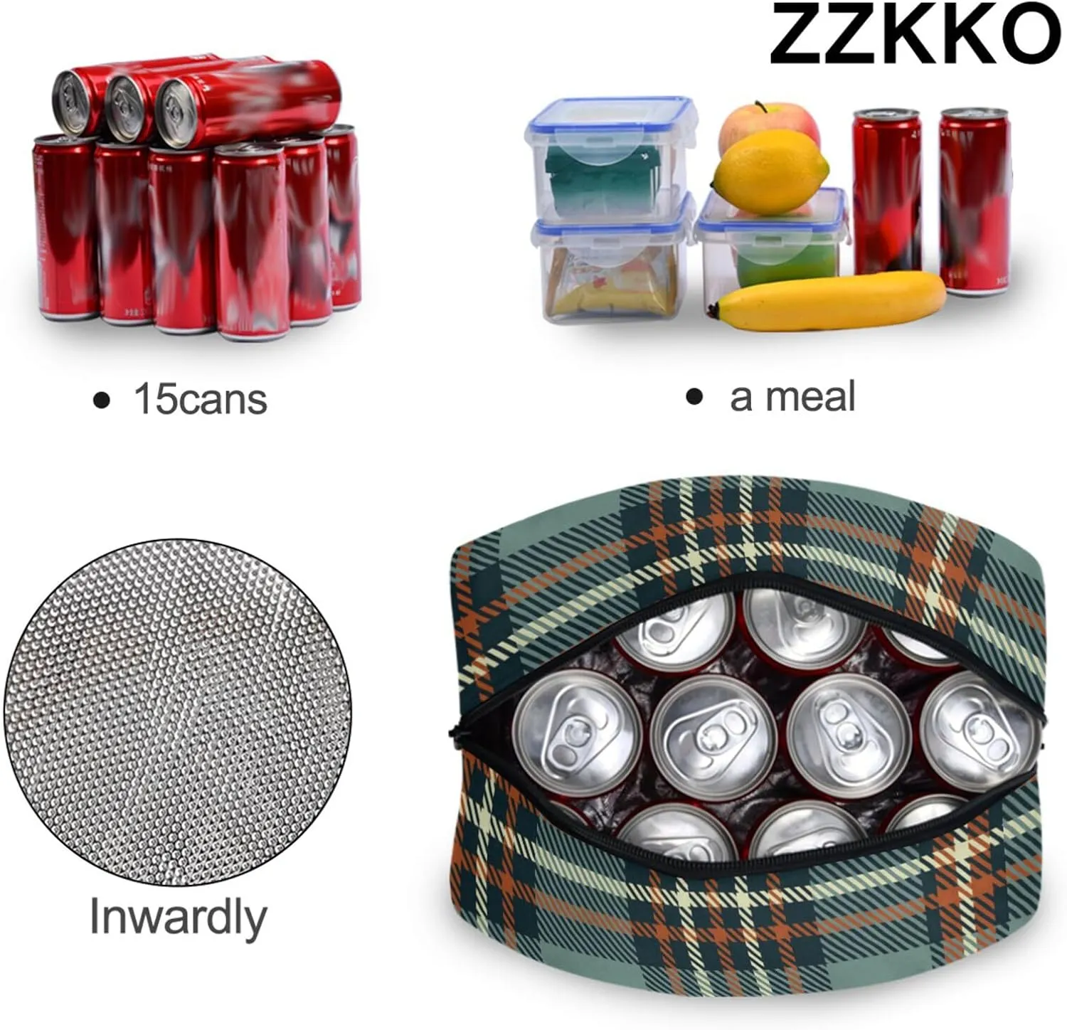 ZZKKO Plaid Tartan Lunch Bag Box Tote Organizer Lunch Container Insulated Zipper Meal Prep Cooler Handbag For Women Men Home School Office Outdoor Use