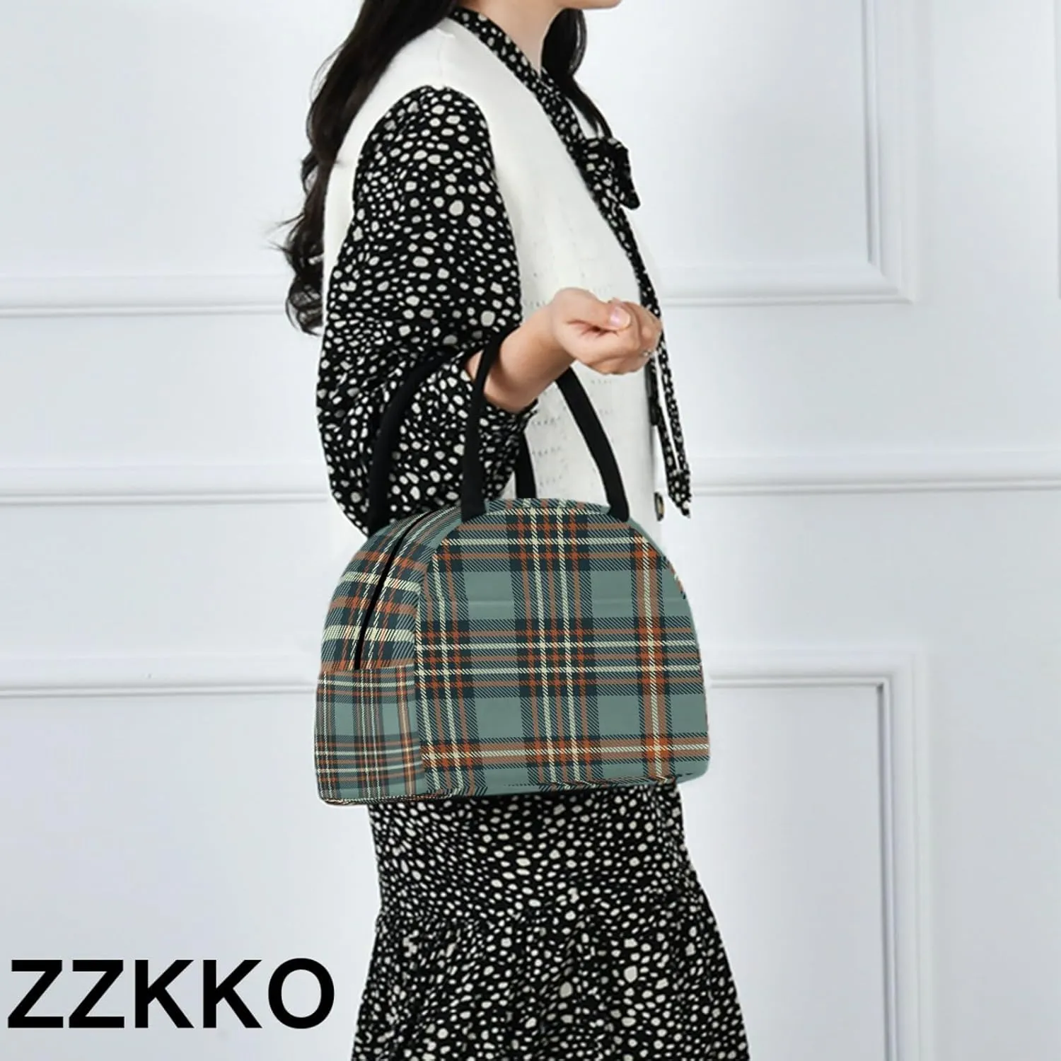 ZZKKO Plaid Tartan Lunch Bag Box Tote Organizer Lunch Container Insulated Zipper Meal Prep Cooler Handbag For Women Men Home School Office Outdoor Use