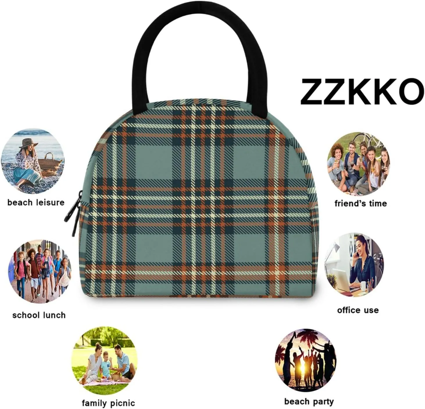 ZZKKO Plaid Tartan Lunch Bag Box Tote Organizer Lunch Container Insulated Zipper Meal Prep Cooler Handbag For Women Men Home School Office Outdoor Use
