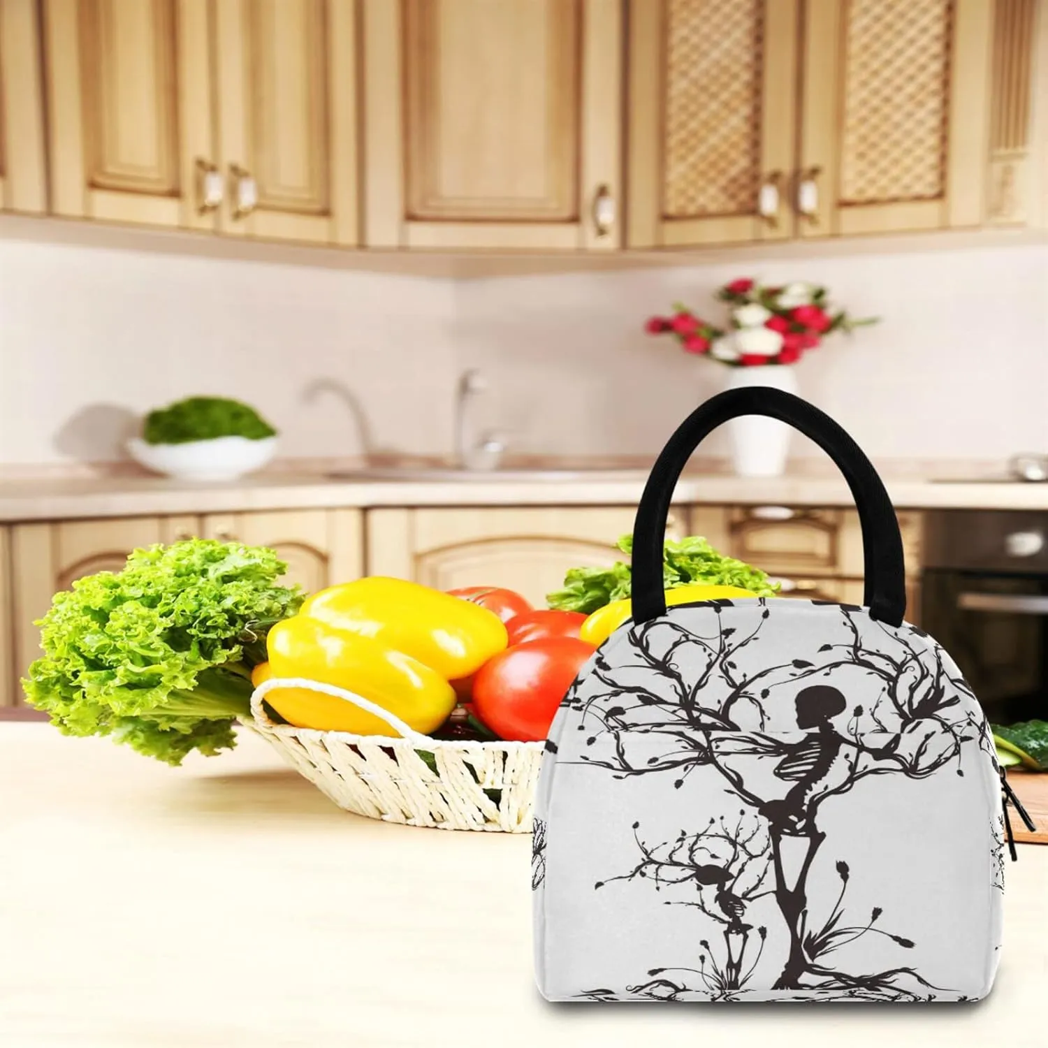 ZZKKO Red Poppies Lunch Bag Box Tote Organizer Lunch Container Insulated Zipper Meal Prep Cooler Handbag For Women Men Home School Office Outdoor Use (Sugar Skull)